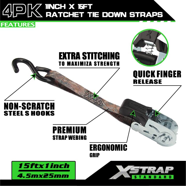 XSTRAP STANDARD Ratchet Tie Down Straps - 4 Pk - 1'' x 15 Ft - 630 Lbs Load Cap 1890 Lbs Break Strength-Cargo Straps for Moving Appliances, Lawn Equipment, Trucks, Motorcycle, Metal Hooks (Camouflage) - Image 4